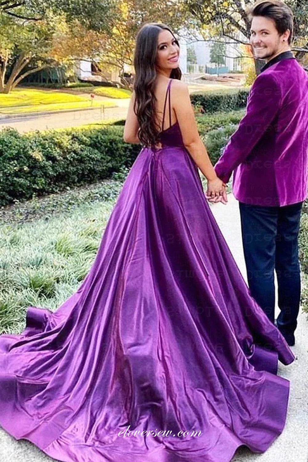Purple Satin V-neck A-line With Side Slit Fashion Prom Dresses, CP1066