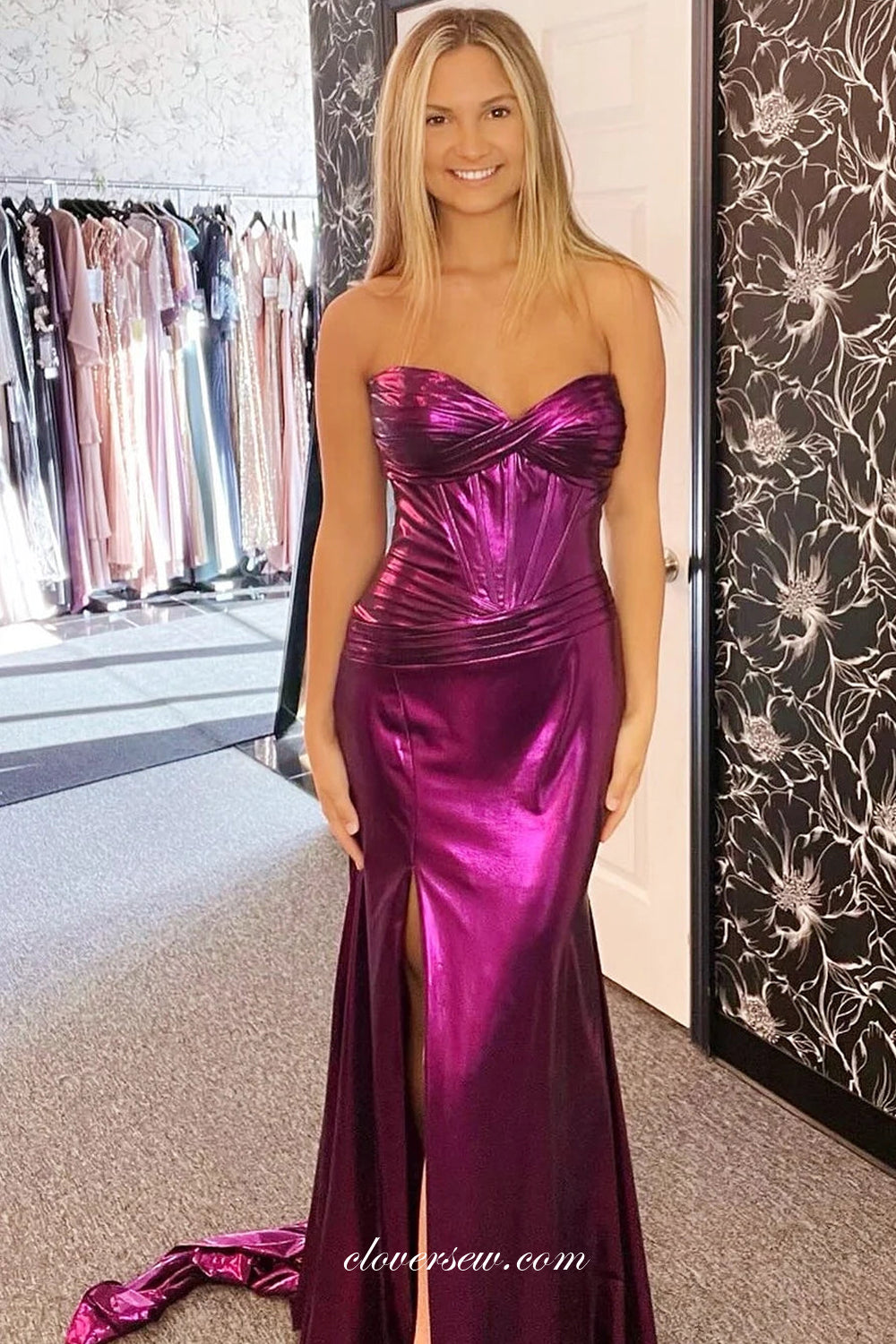 Purple Strapless Pleating Shiny Satin Mermaid With Slit Prom Dresses, CP1037