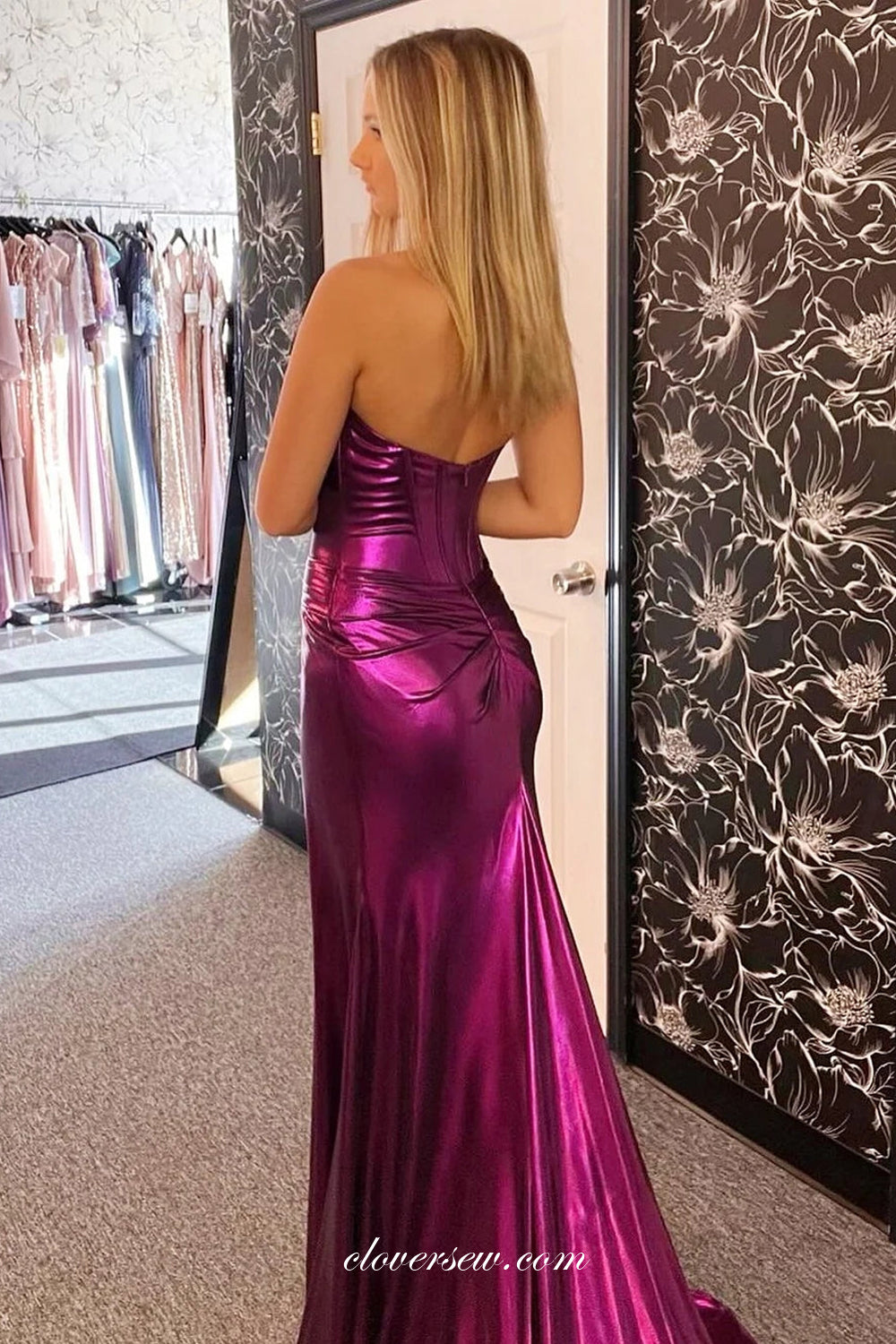 Purple Strapless Pleating Shiny Satin Mermaid With Slit Prom Dresses, CP1037