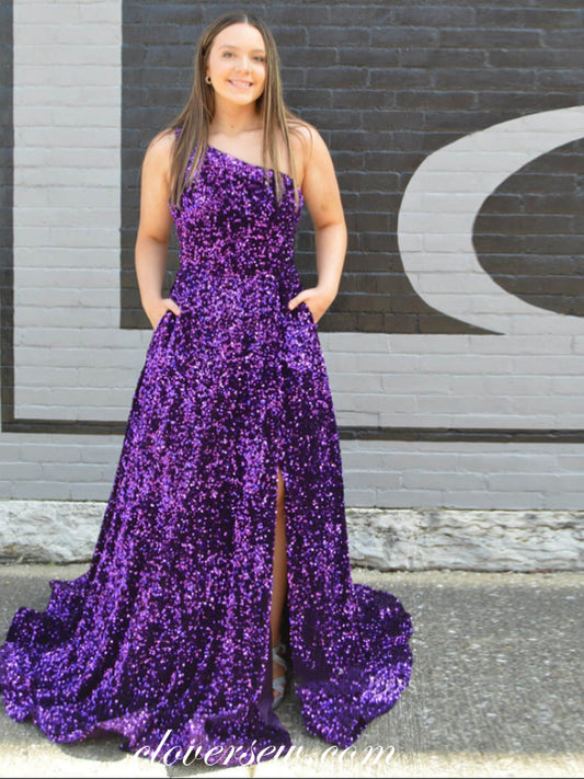 Purple Sequin One Shoulder A-line With Side Slit Plus Shiny Prom Dresses, CP1076
