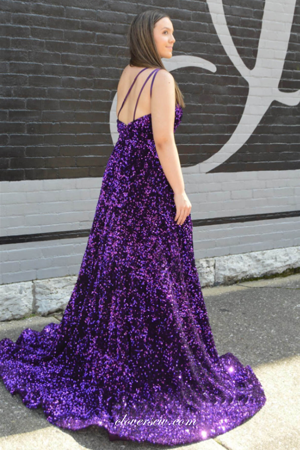 Purple Sequin One Shoulder A-line With Side Slit Plus Shiny Prom Dresses, CP1076