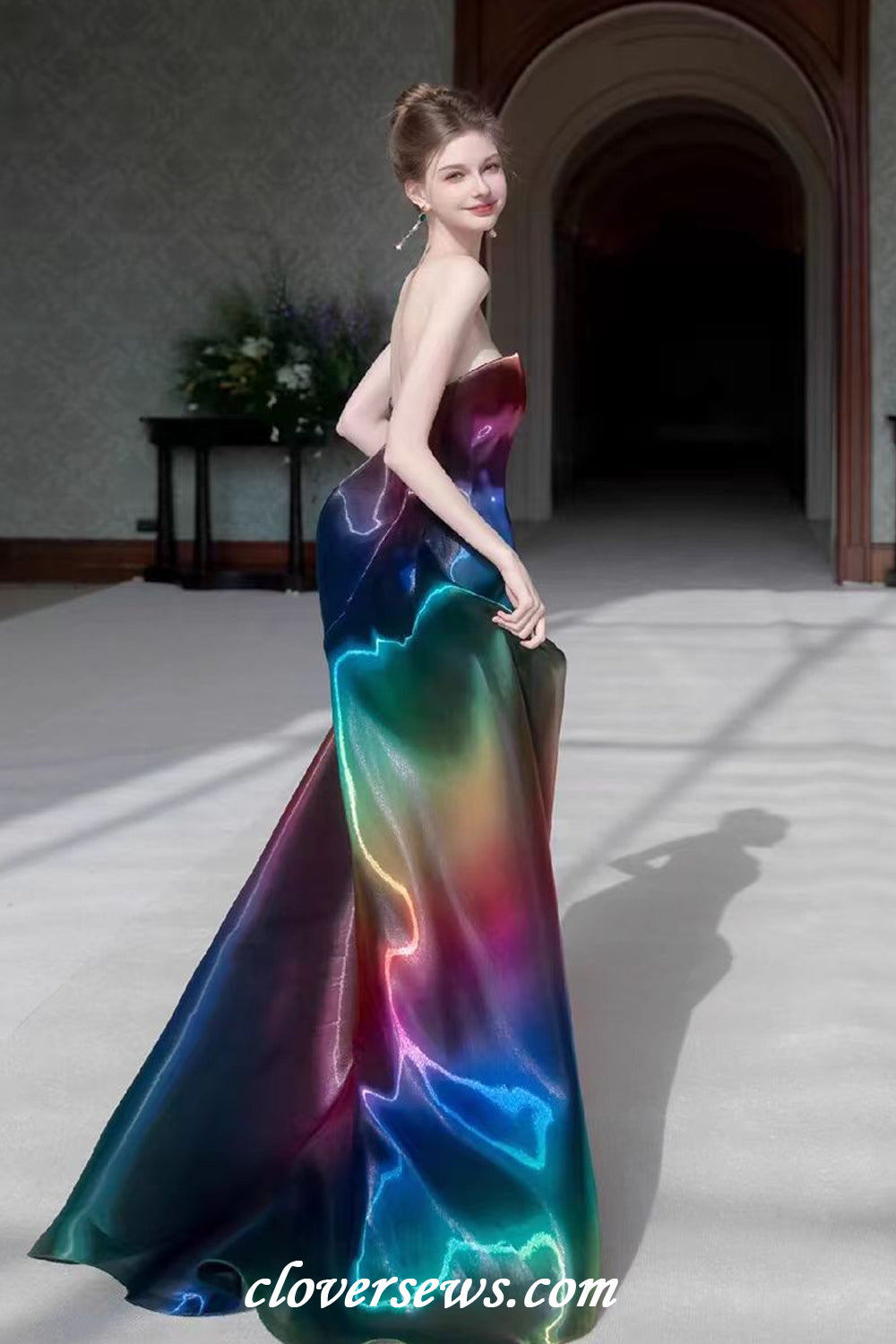 Rainbow Shiny Satin Strapless A-line Sparkly Prom Dresses, CP1144