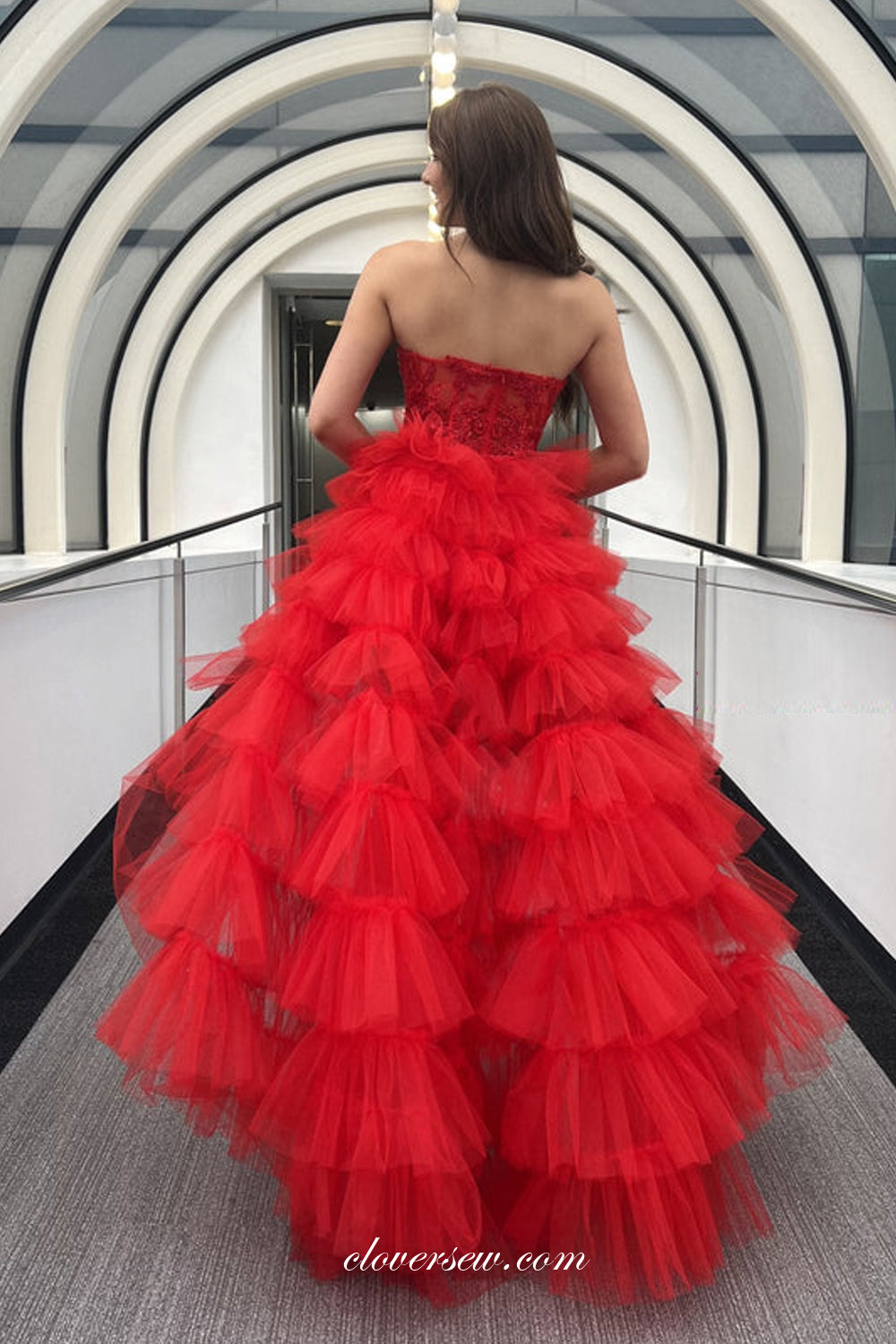 Red Beads Lace Sweetheart Tulle Strapless Tiered High Low Prom Dresses, CP1107