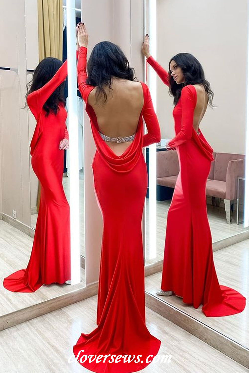 Red Jersey Long Sleeves Backless With Sparkly Bead Mermaid Formal Dresses, CP1177