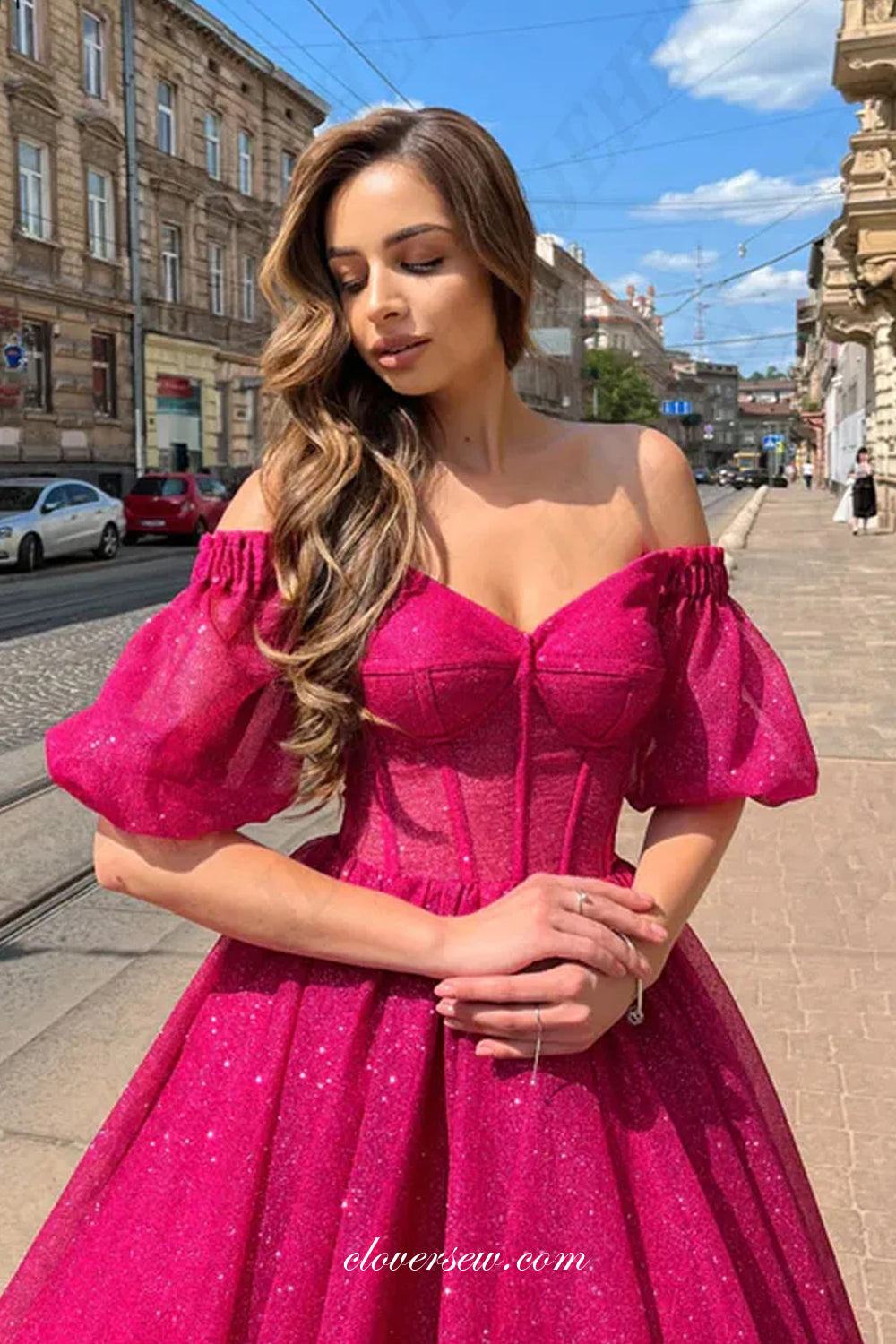 Rose Pink Glitter Tulle Half Sleeves Off The Shoulder Shiny Prom Dresses, CP1086