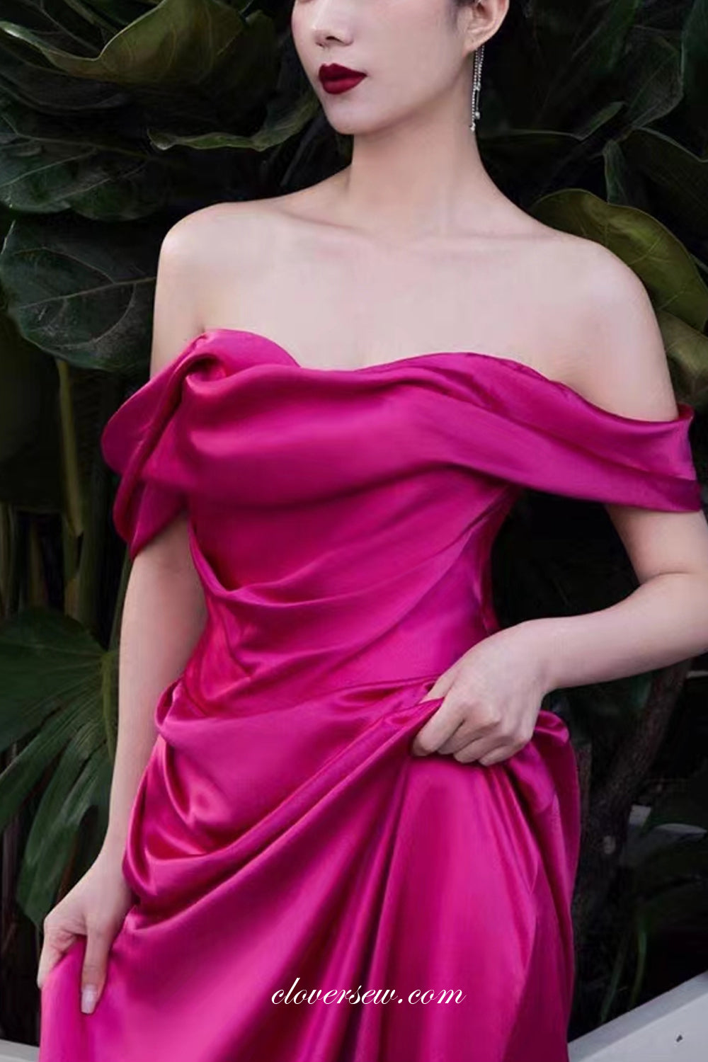 Rosy Pink Off The Shoulder Column Simple Fashion Prom Dresses, CP1048