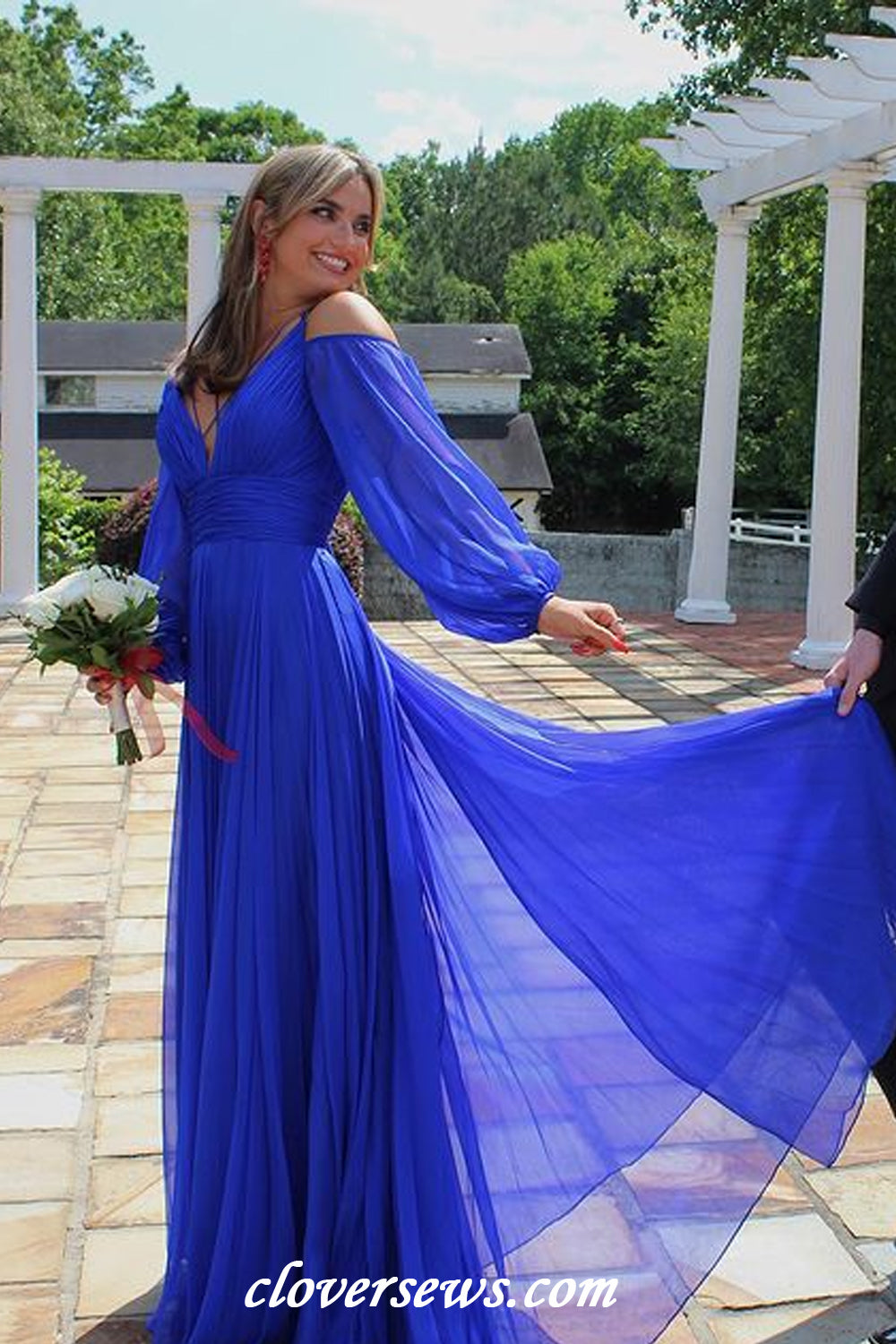 Royal Blue Chiffon Long Puffy Sleeves A-line Charming Prom Dresses, CP1188