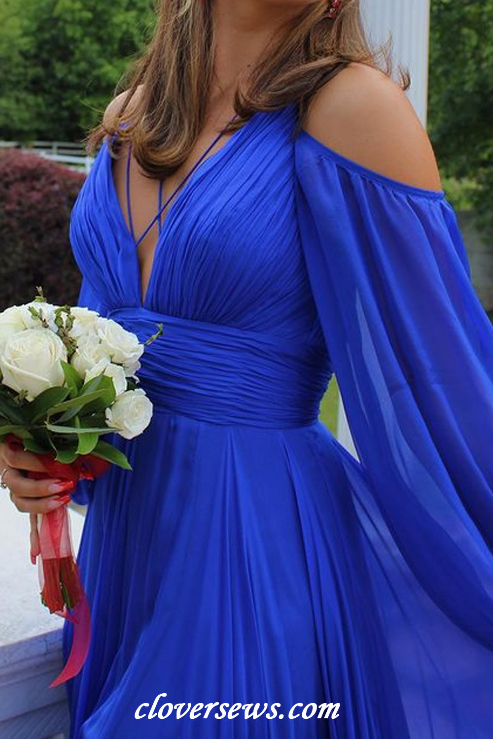 Royal Blue Chiffon Long Puffy Sleeves A-line Charming Prom Dresses, CP1188