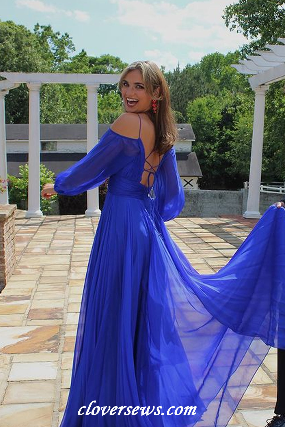 Royal Blue Chiffon Long Puffy Sleeves A-line Charming Prom Dresses, CP1188