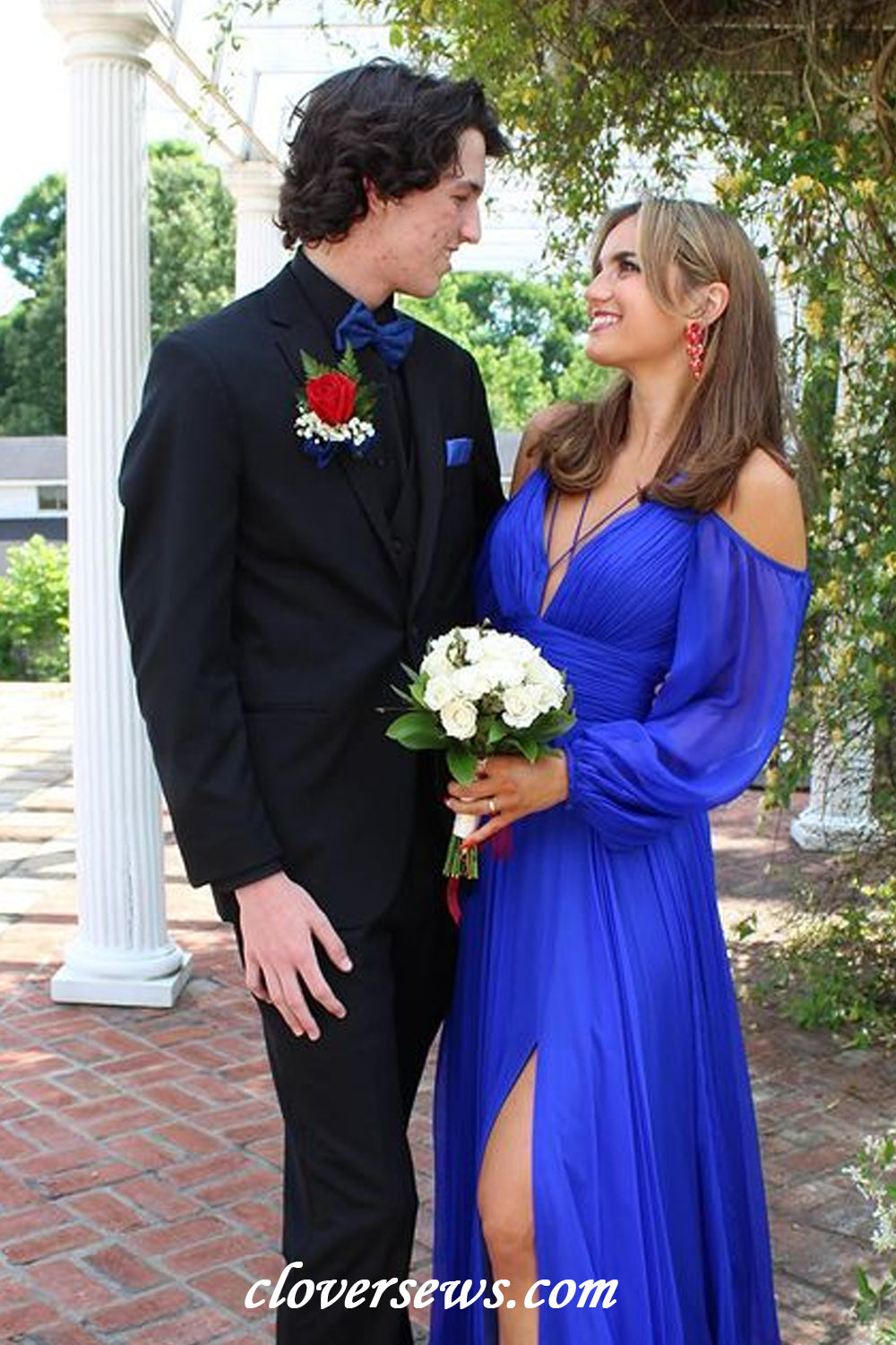 Royal Blue Chiffon Long Puffy Sleeves A-line Charming Prom Dresses, CP1188