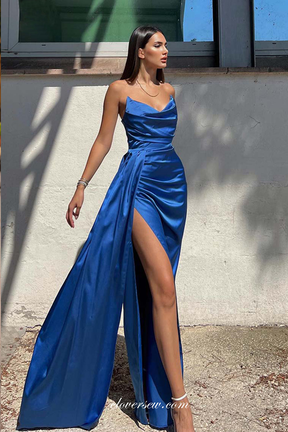 Royal Blue Satin V-neck Strapless High Slit Formal Dresses, CP1054