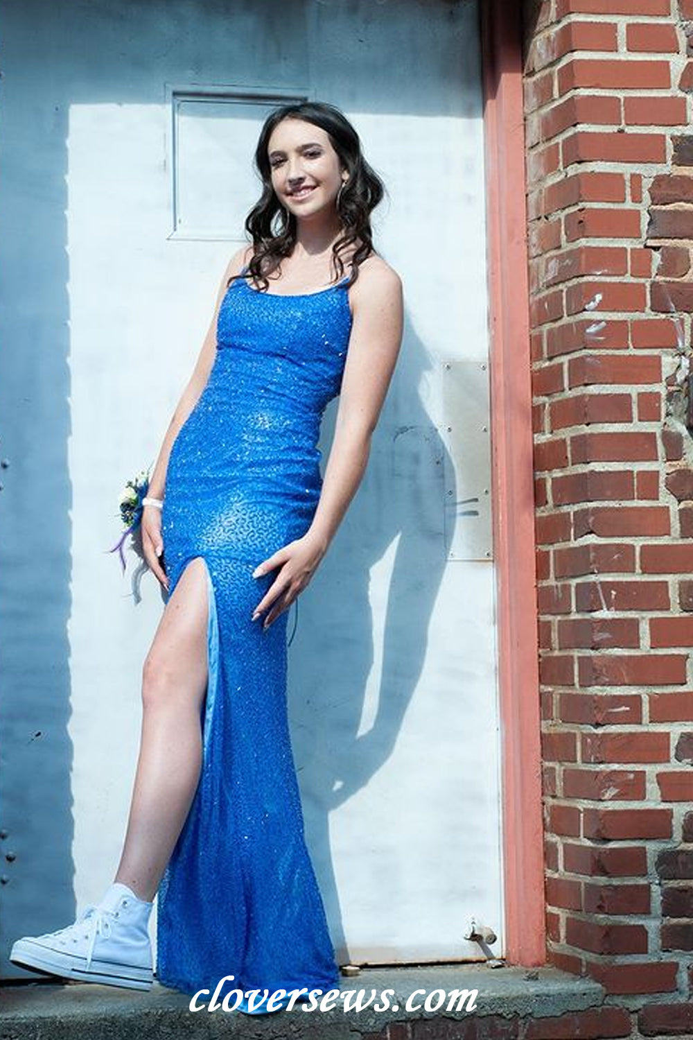 Royal Blue Sequin Spaghetti Strap Sheath With High Slit Prom Dresses, CP1192