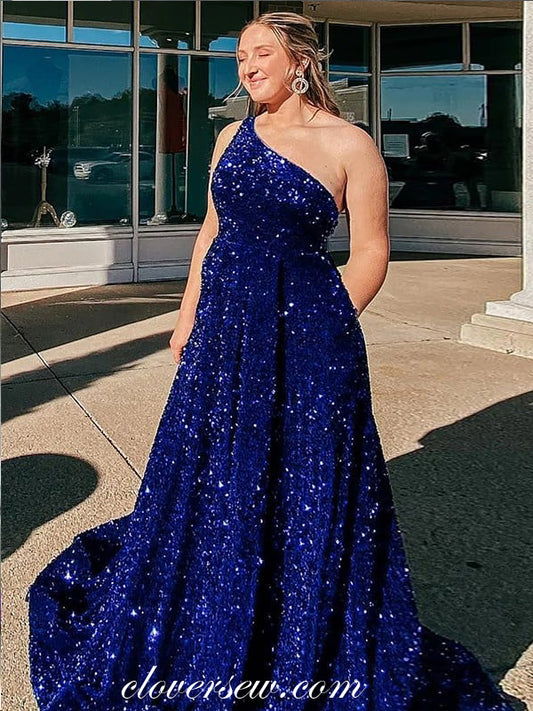 Royal Blue Shiny Sequin One Shoulder A-line Plus Prom Dresses, CP1077