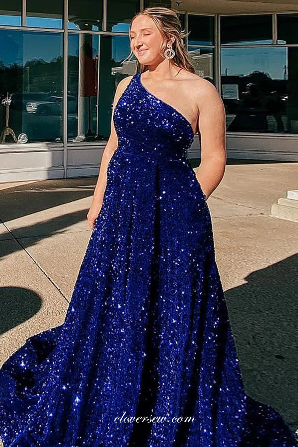 Royal Blue Shiny Sequin One Shoulder A-line Plus Prom Dresses, CP1077