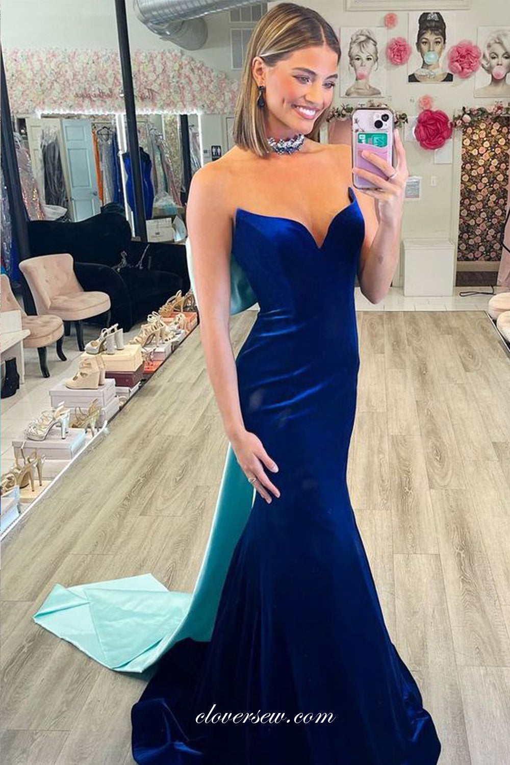Royal Blue V-neck Strapless Mermaid With Light Blue Bowknot Prom Dresses, CP1062