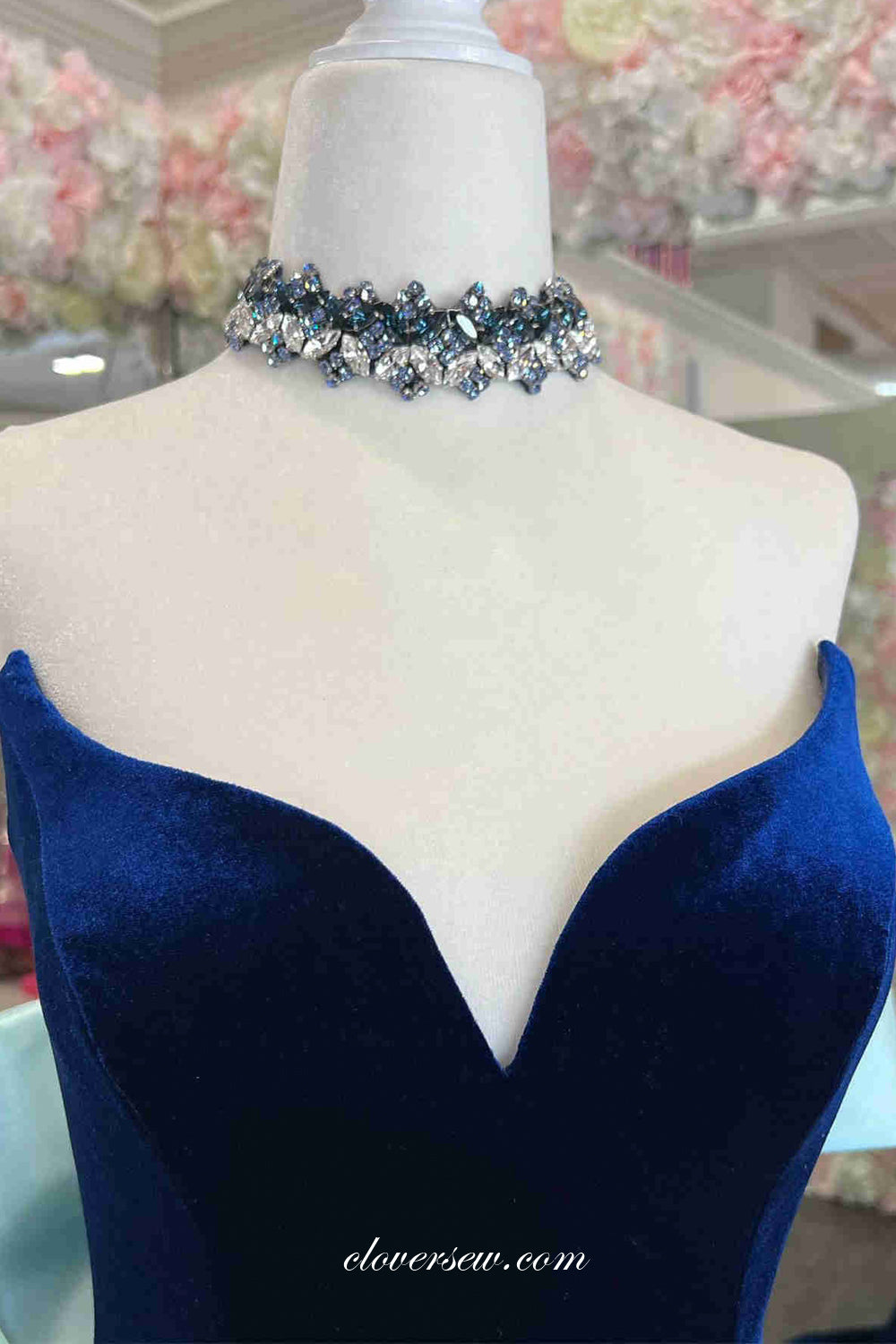 Royal Blue V-neck Strapless Mermaid With Light Blue Bowknot Prom Dresses, CP1062