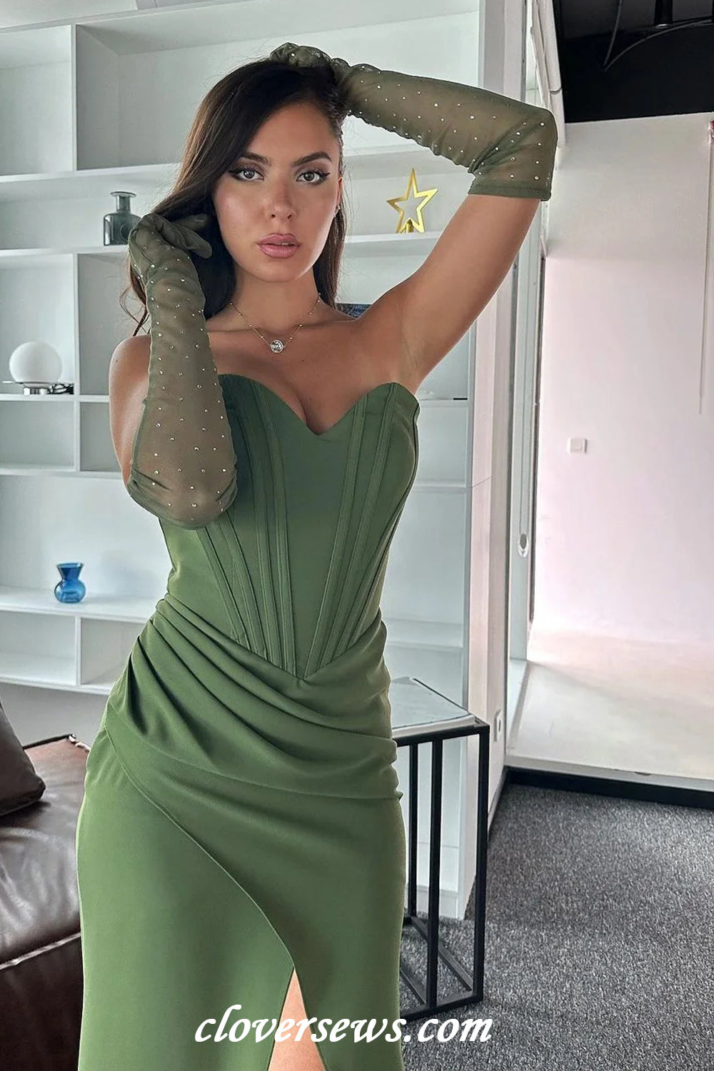 Sage Green Strapless Sheath High Slit Formal Dresses With Gloves, CP1185