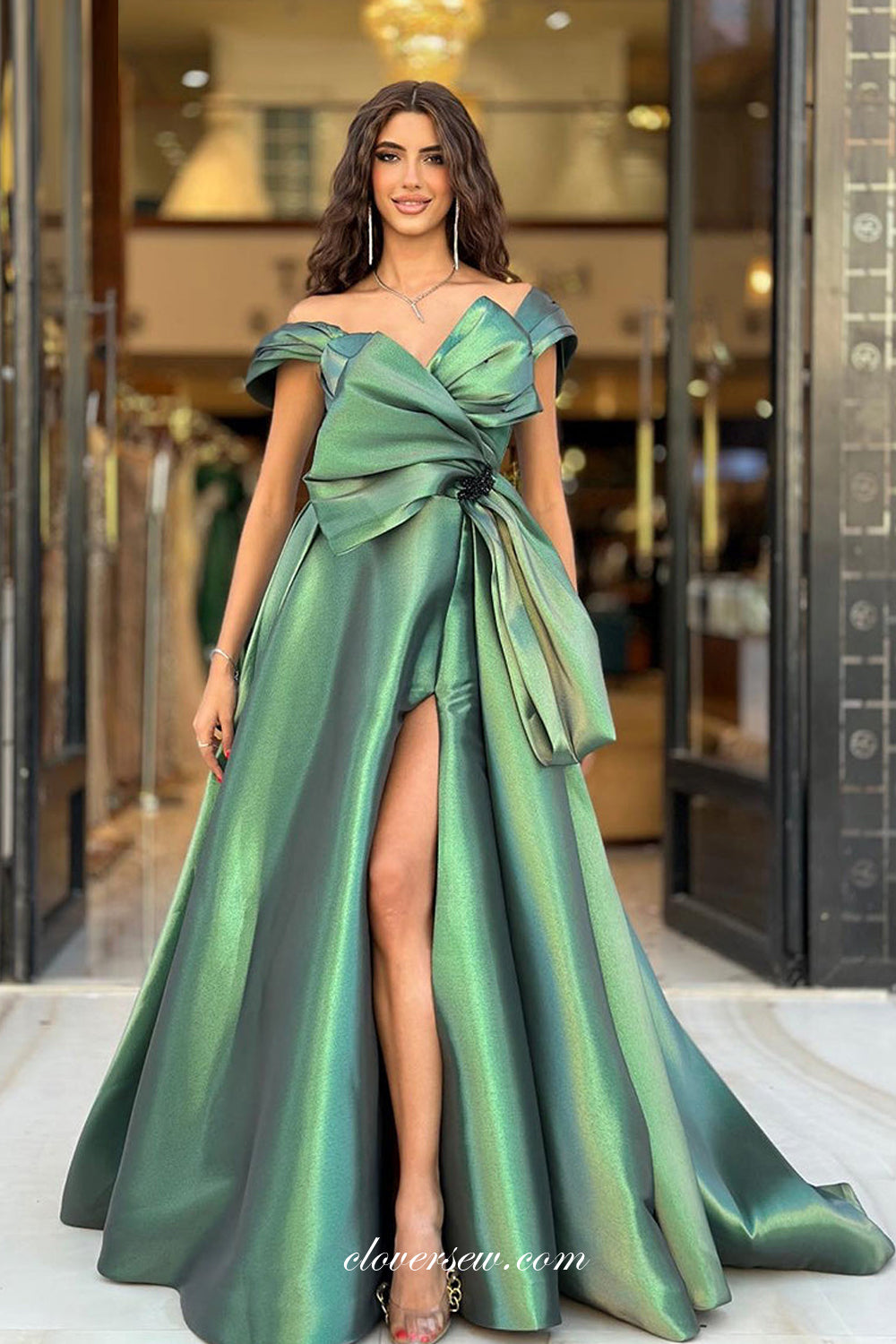 Shiny Satin Green Off The Shoulder Bowknot With Slit A-line Prom Dresses, CP1034