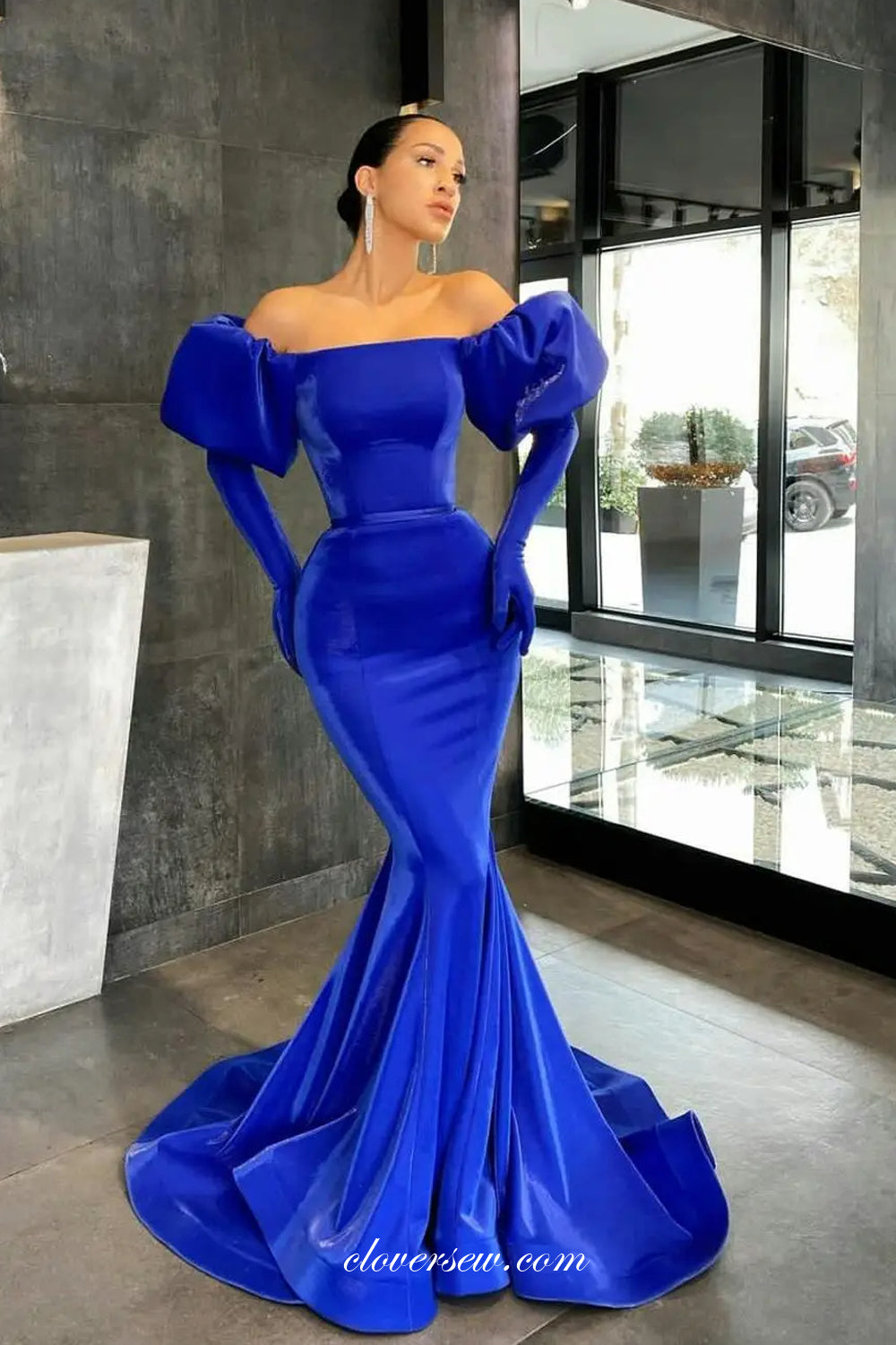 Shiny Satin Royal Blue Off The Shoulder Mermaid Prom Dresses, CP1055