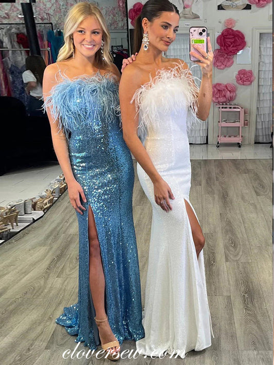 Shiny Sequin With Feather Strapless Sheath With Side Slit Prom Dresses, CP1074