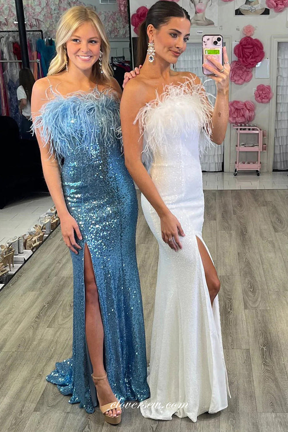 Shiny Sequin With Feather Strapless Sheath With Side Slit Prom Dresses, CP1074