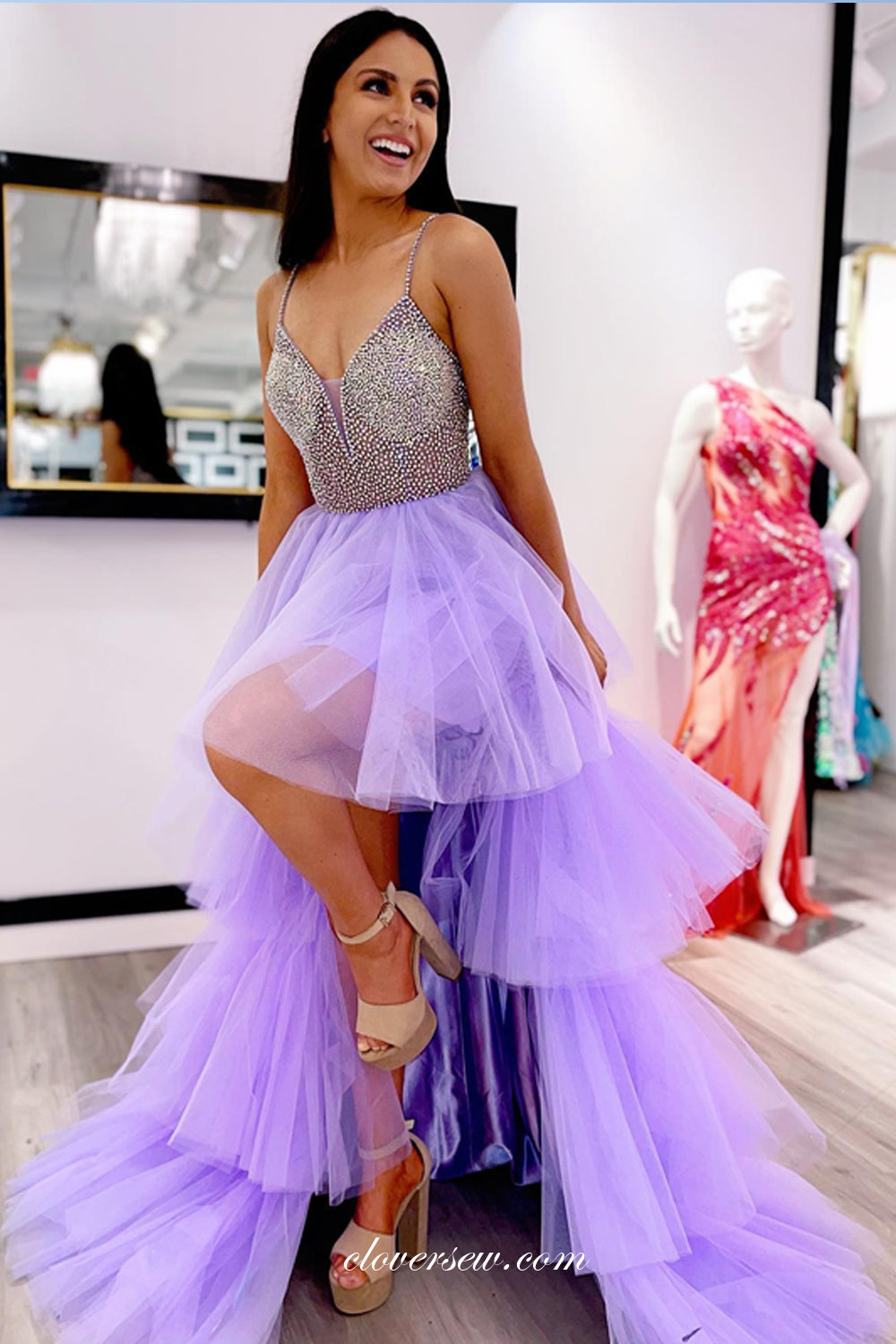 Silver Beading Spaghetti Strap Lilac Tulle Tiered High Low Prom Dresses, CP1087