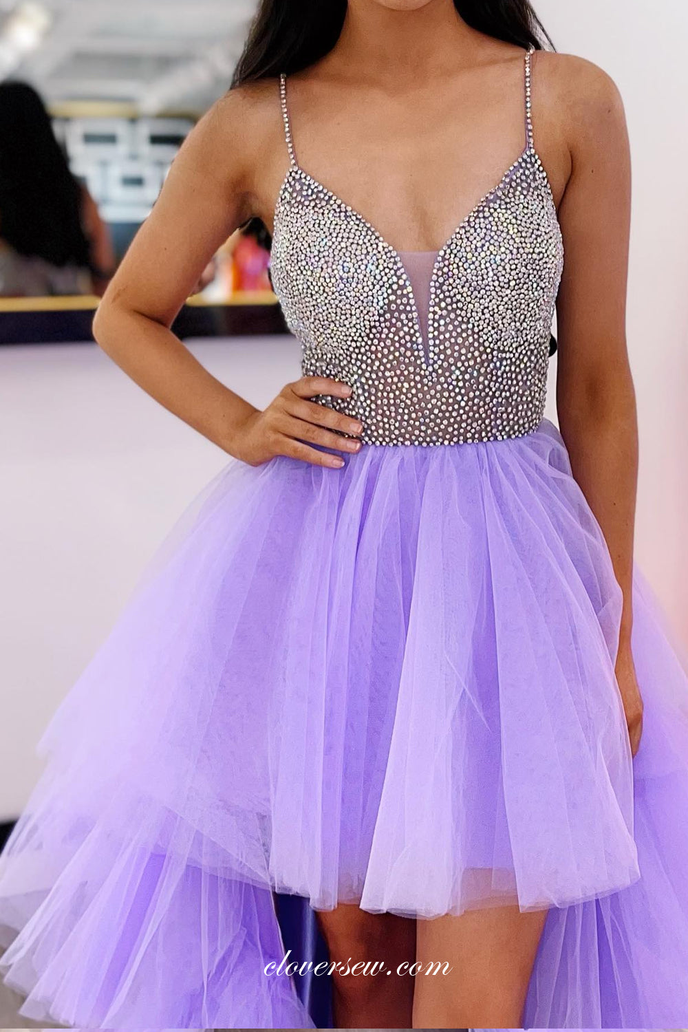 Silver Beading Spaghetti Strap Lilac Tulle Tiered High Low Prom Dresses, CP1087