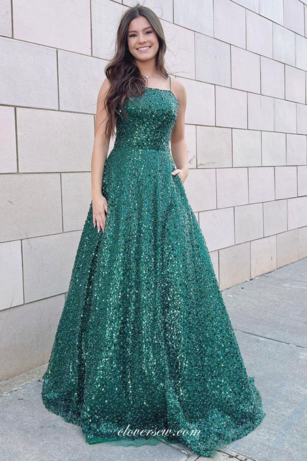 Sparkly Dark Green Sequined Tulle Spaghetti Strap Lace Up Back A-line Shiny Prom Dresses, CP1079