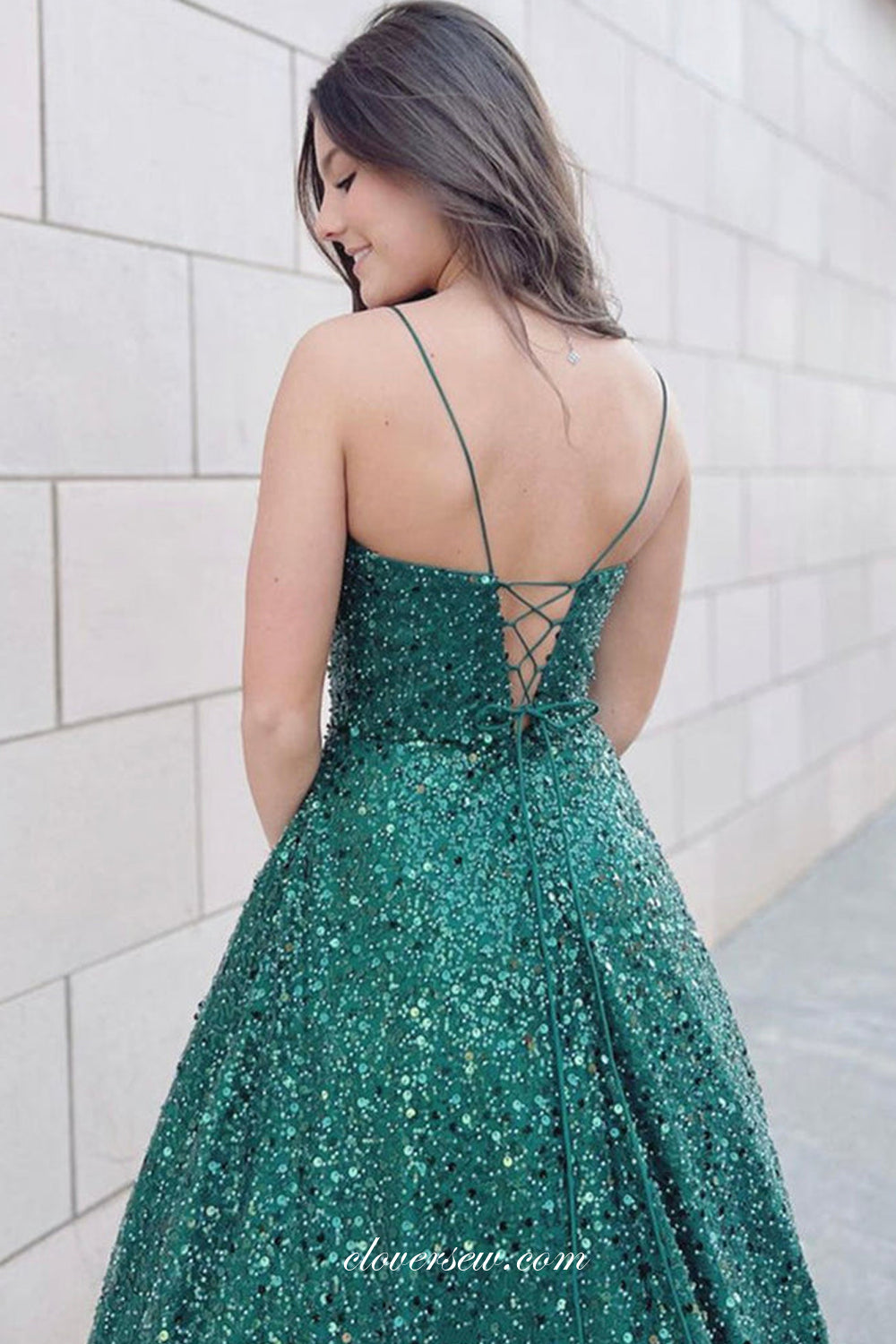 Sparkly Dark Green Sequined Tulle Spaghetti Strap Lace Up Back A-line Shiny Prom Dresses, CP1079