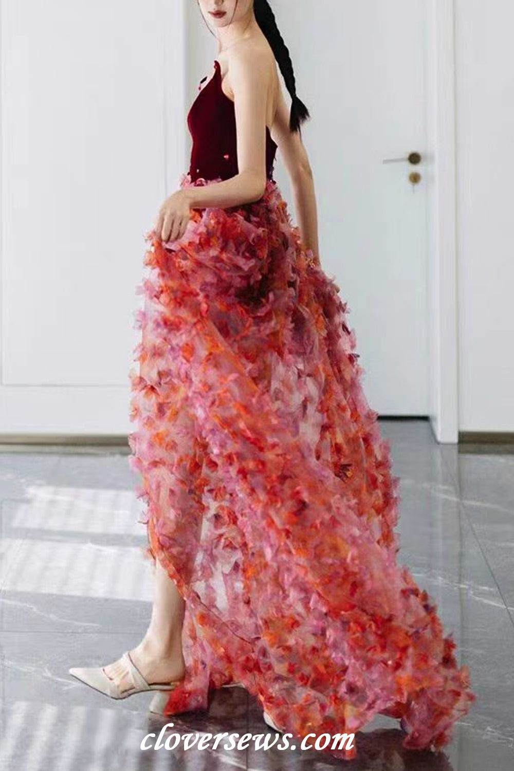 Strapless Gradient Red 3D Flowers Sequined Bud With Slit Spring Dresses, CP1136