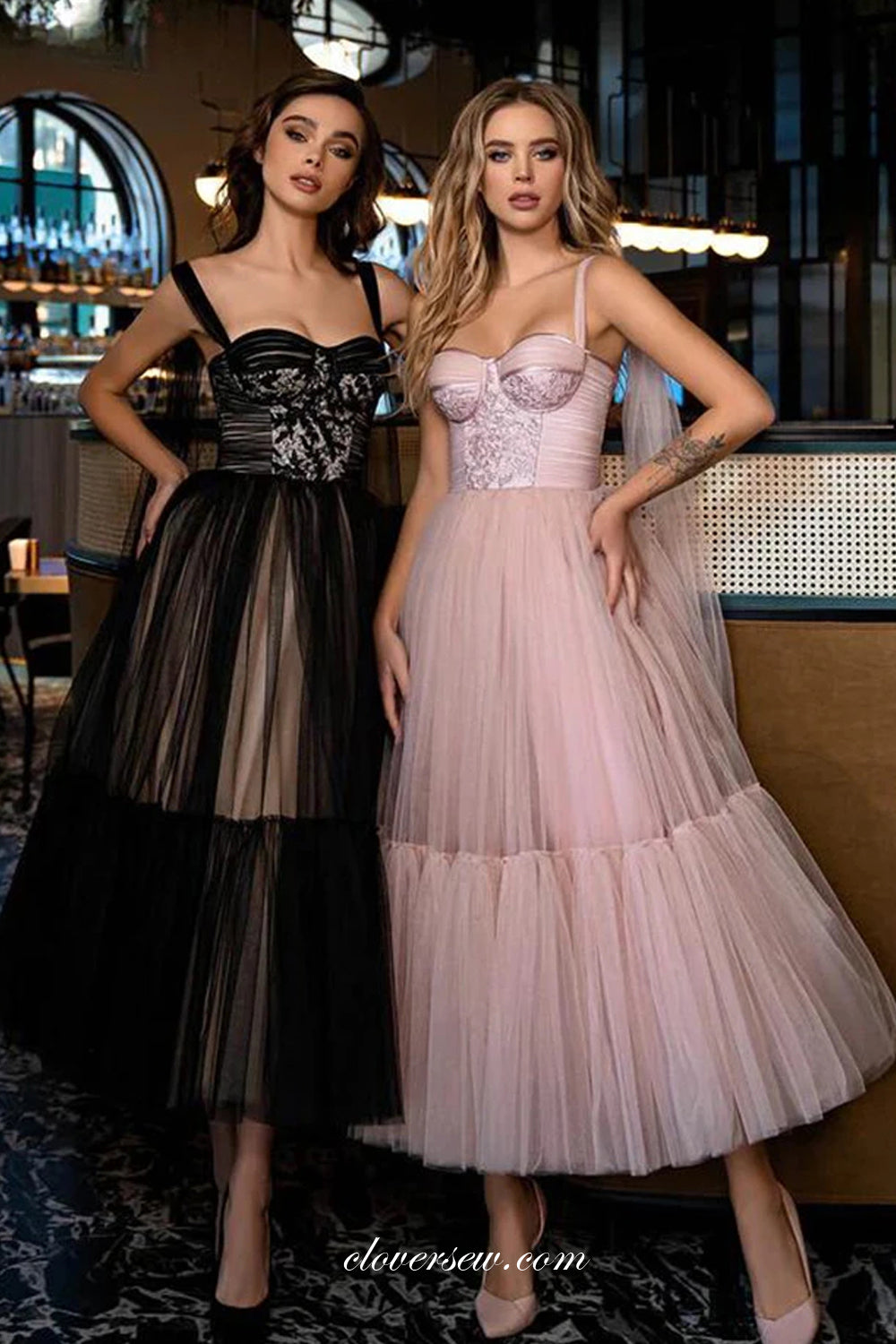 Sweetheart Sleeveless Lace Pleating Tulle Ankle Length Fashion Prom Dresses, CP1083