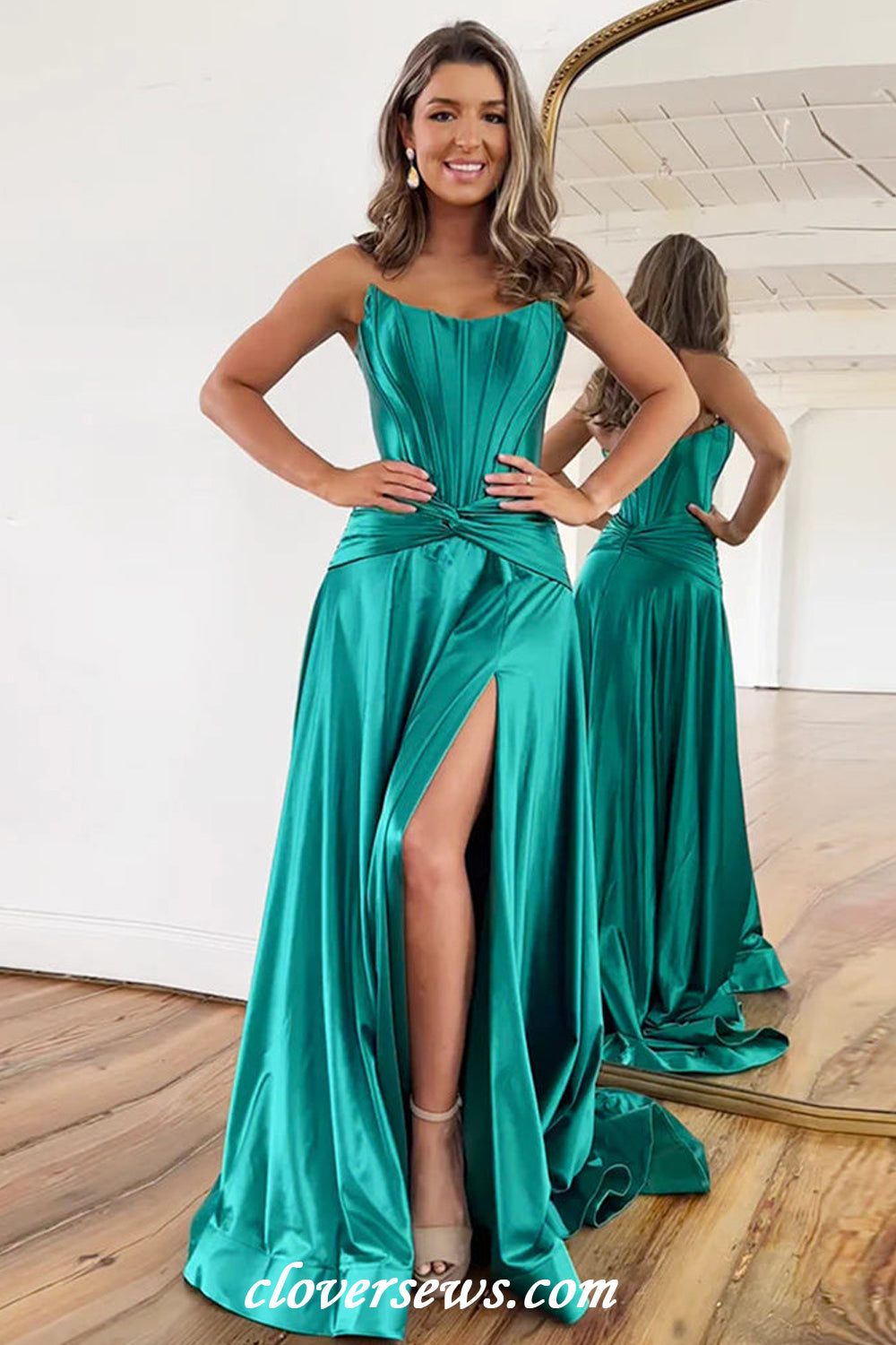 Teal Green Silk Satin Strapless Fashion Side Slit Prom Dresses, CP1148
