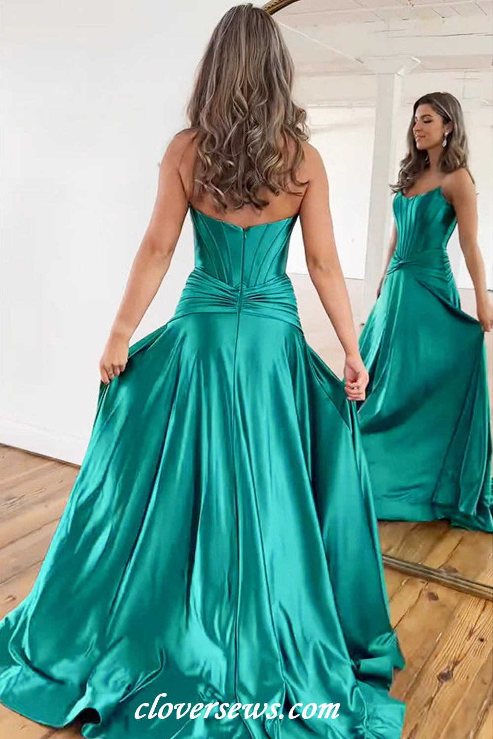 Teal Green Silk Satin Strapless Fashion Side Slit Prom Dresses, CP1148