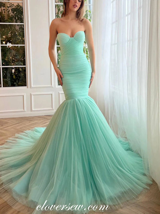 Tiffany Blue Pleating Tulle Sweetheart Strapless Mermaid Prom Dresses, CP1075