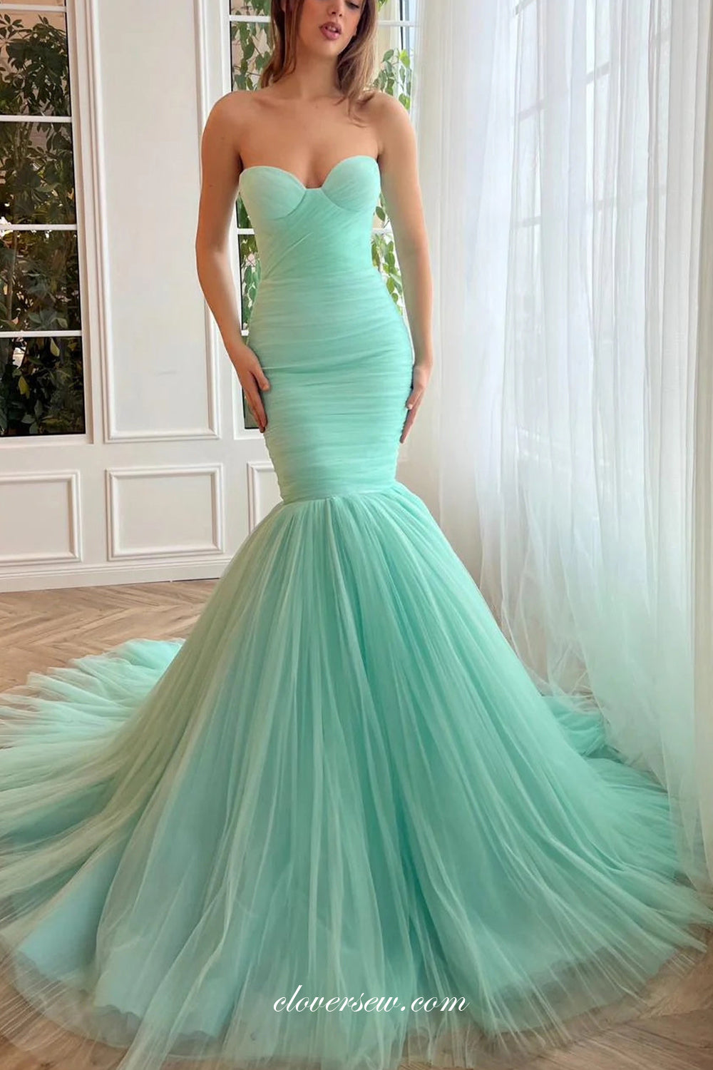 Tiffany Blue Pleating Tulle Sweetheart Strapless Mermaid Prom Dresses, CP1075