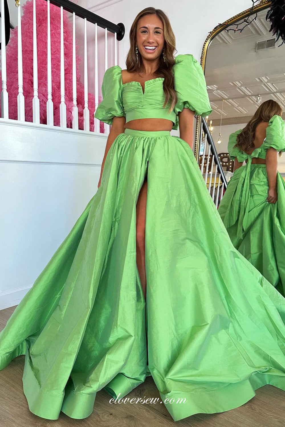 Two Piece Half Puffy Sleeves A-line Side Slit Prom Dresses, CP1068