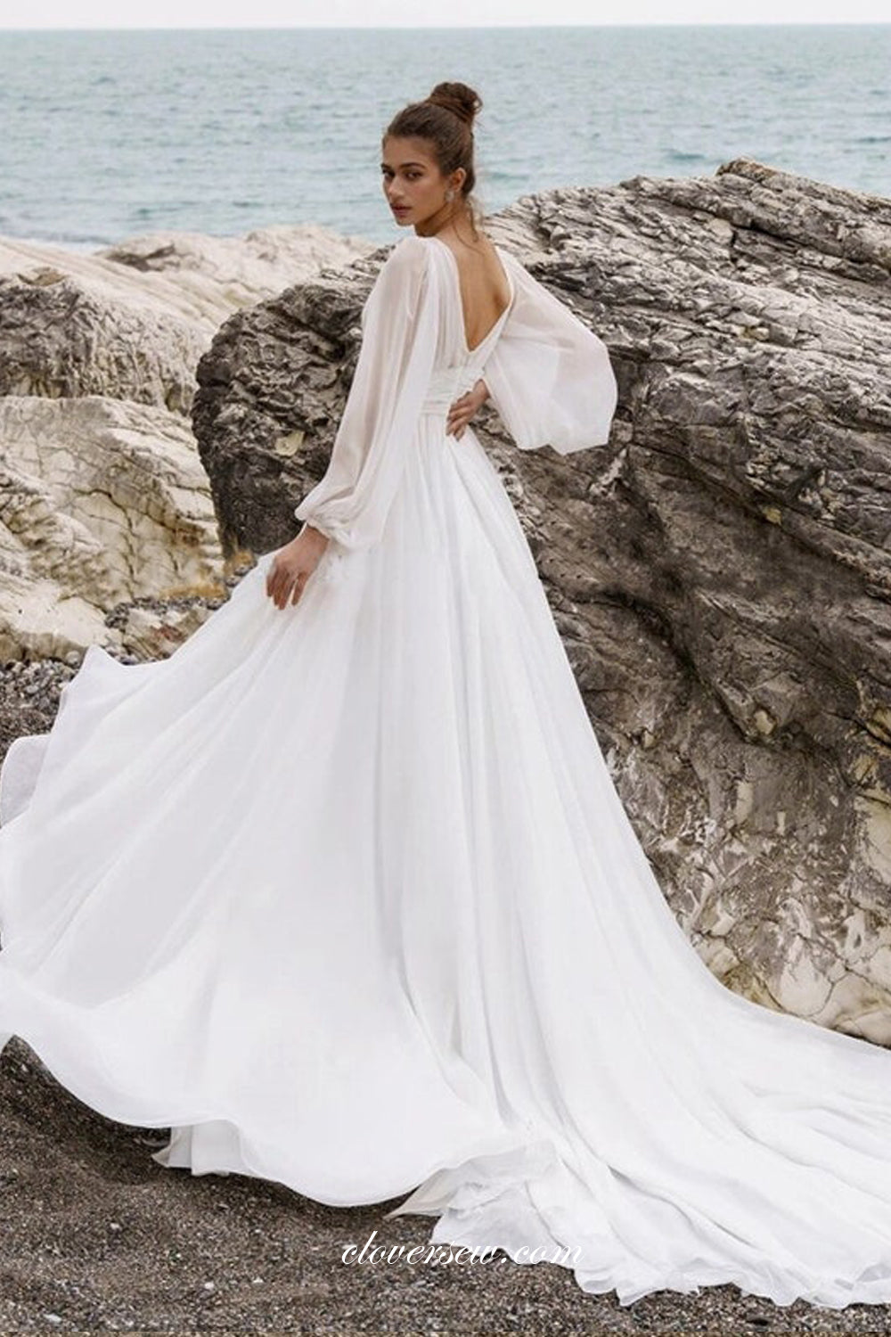 V-neck Chiffon Long Sleeves A-line With High Slit Beach Wedding Dresses, CW0363