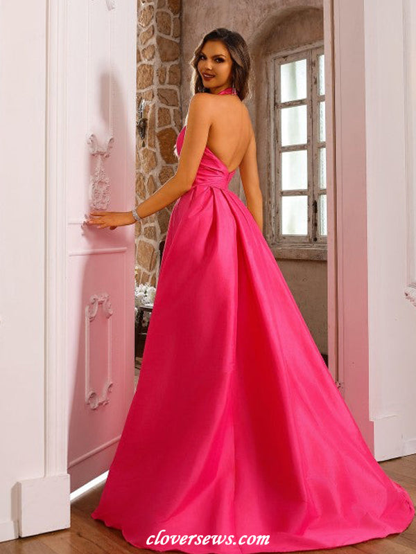 Watermelon Red Satin Bubble A-line With Slit Halter Prom Dresses, CP1180