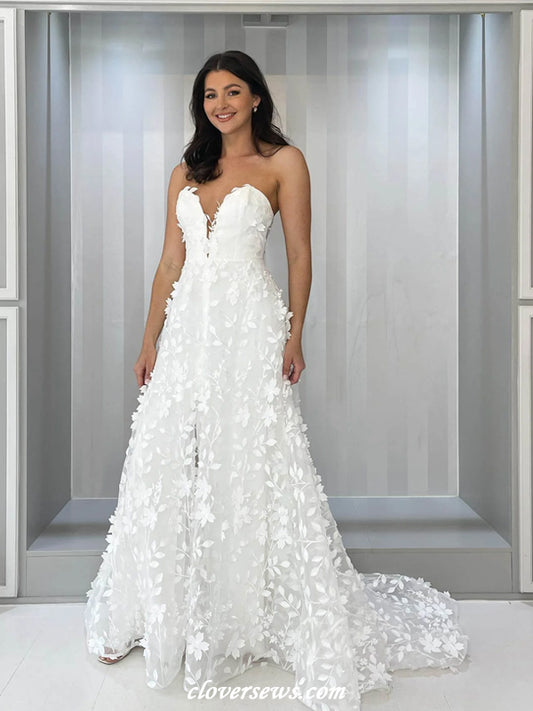 Mismatched White 3D Leafy Lace A-line Wedding Dresses, CW0403