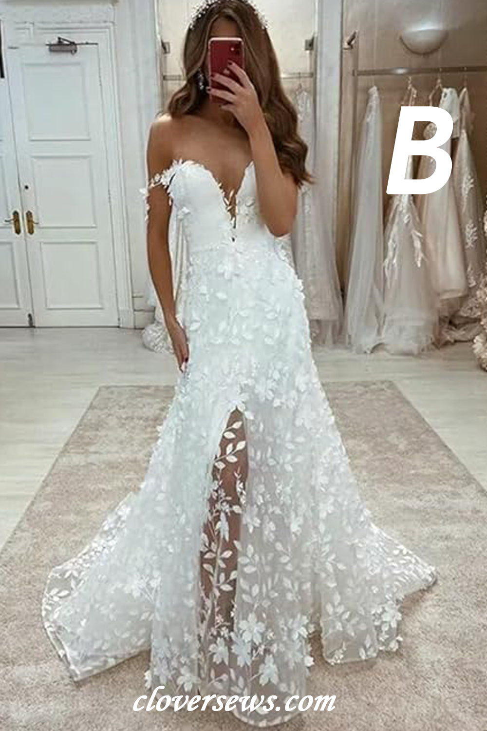 Mismatched White 3D Leafy Lace A-line Wedding Dresses, CW0403