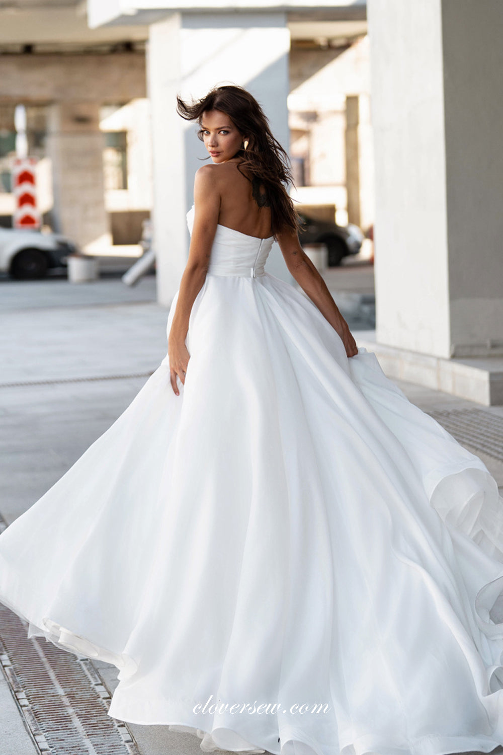White Organza Pleating Beading Neckline A-line Simple Wedding Dresses, CW0362