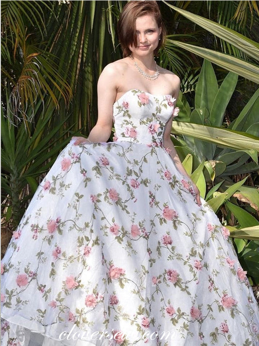 White Pink 3D Floral Lace Strapless A-line Fashion Prom Dresses, CP1027