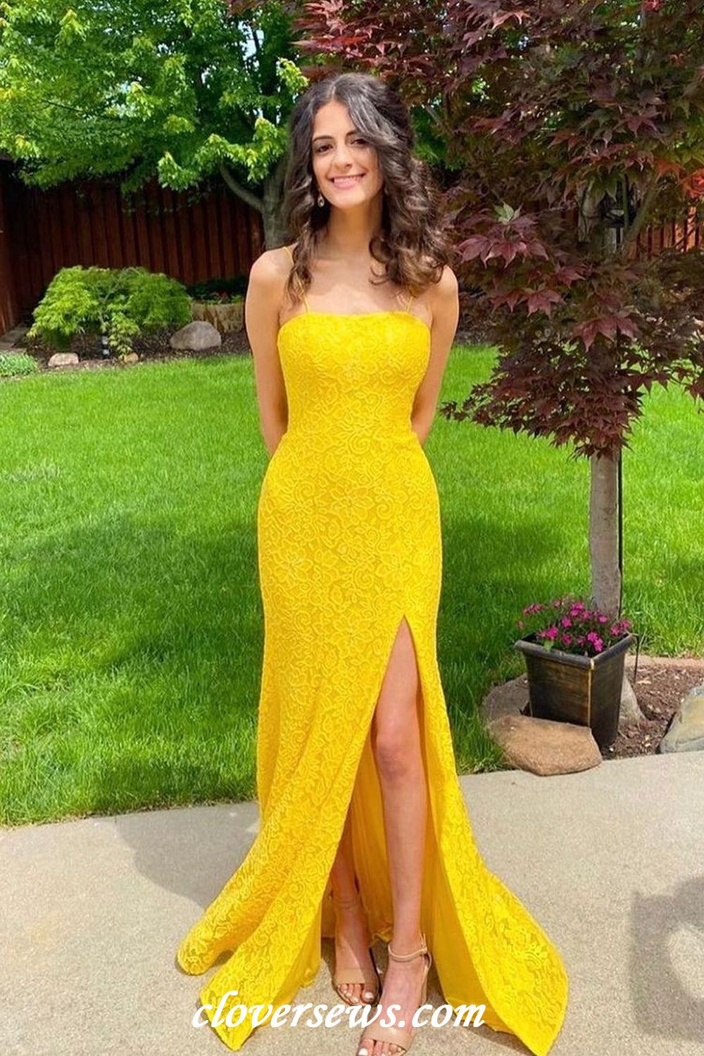 Yellow Floral Lace Spaghetti Strap Side Slit Sheath Elegant Prom Dresses, CP1187