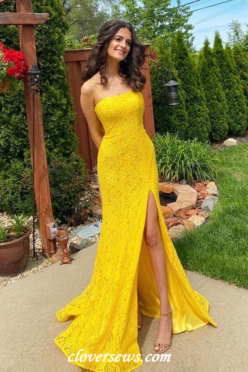 Yellow Floral Lace Spaghetti Strap Side Slit Sheath Elegant Prom Dresses, CP1187