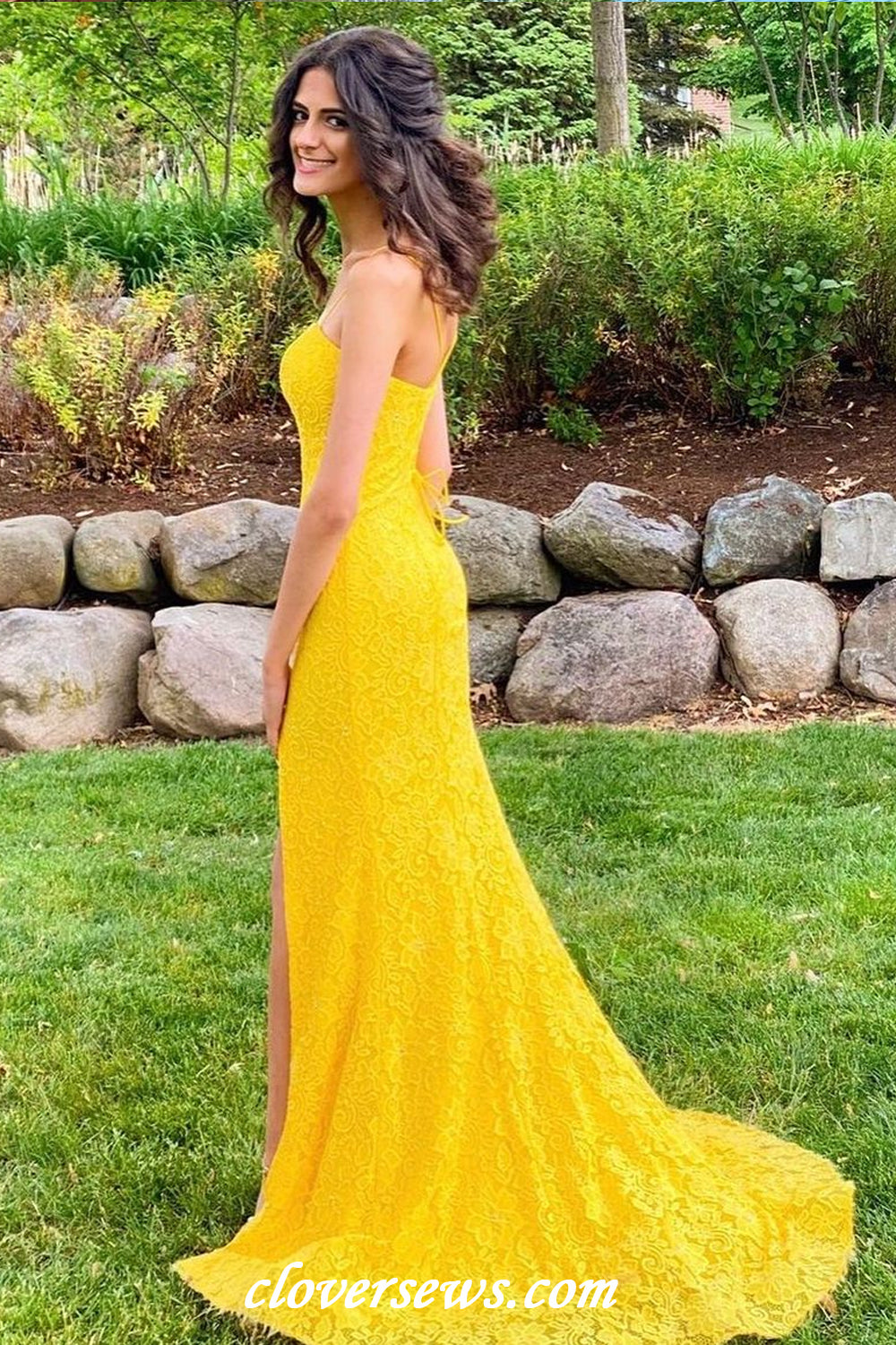 Yellow Floral Lace Spaghetti Strap Side Slit Sheath Elegant Prom Dresses, CP1187