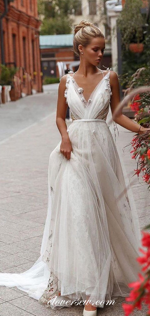 3D Applique Embroidery Tulle V-neck Open Back A-line Wedding Dresses,CW0139