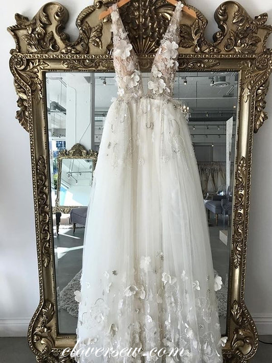 3D Applique V-neck V-back Charming Prom Dresses, CP0611