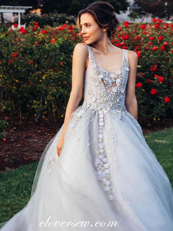 3D Beaded Appliques Grey Tulle V-neck Ball Gown Prom Dresses, CP0686