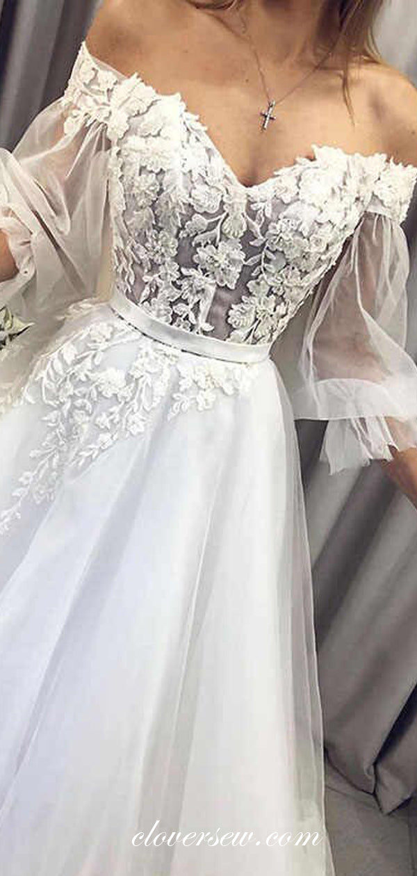 3D Applique Off The Shoulder Puff Sleeves A-line Wedding Dresses,CW0106