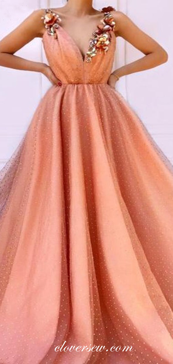 3D Appliques Sleeveless V-neck A-line Prom Dresses,CP0152